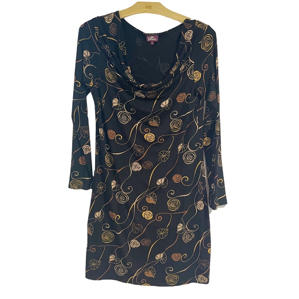 Salaam Medium Black Long Sleeve Slouchy Neck Dress Medium Floral Swirls